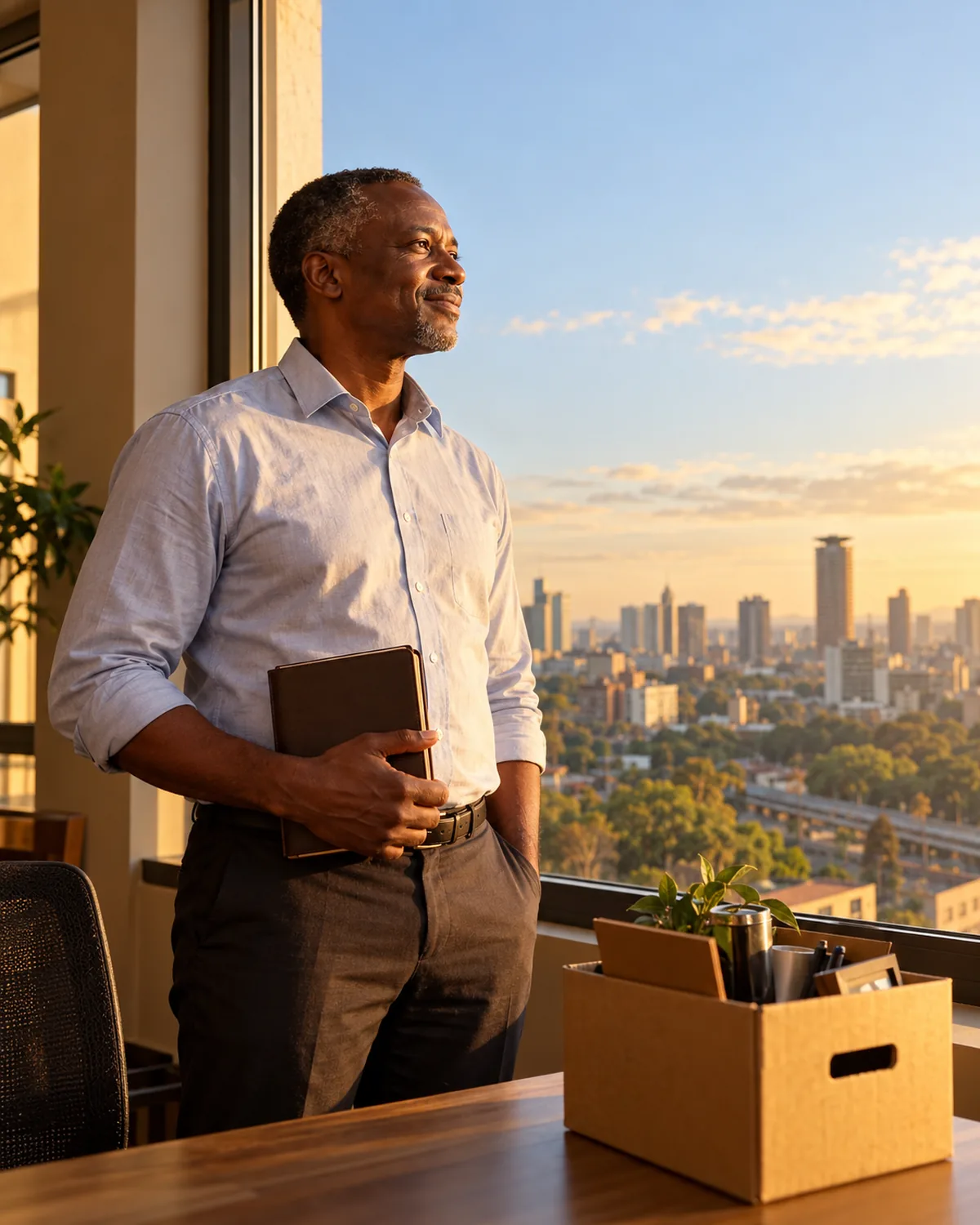 AI-generated illustration of a man at a city window at sunrise, holding a notebook beside a box of his belongings