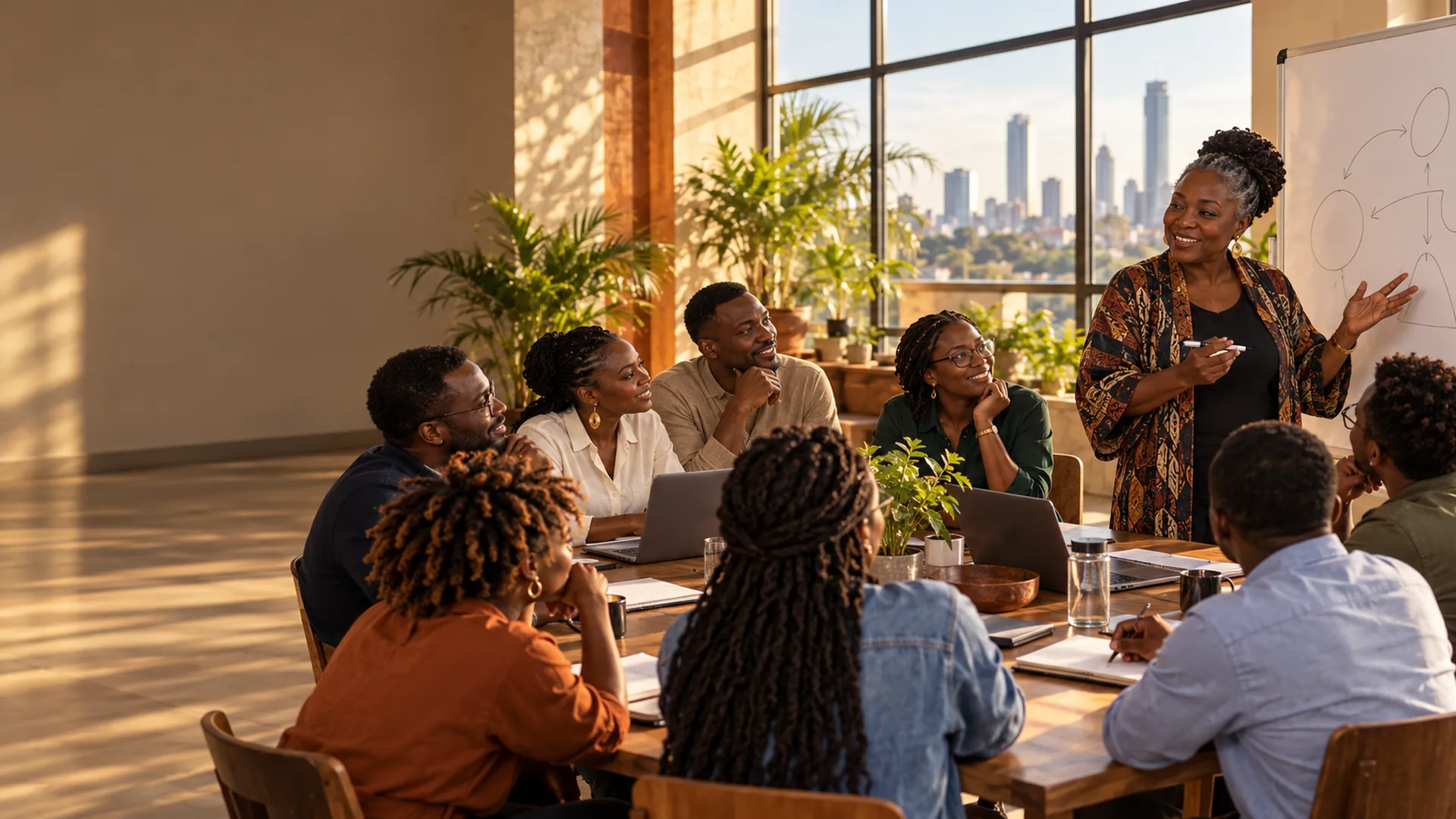 AI-generated illustration of a practitioner teaching a small group at a sunlit table