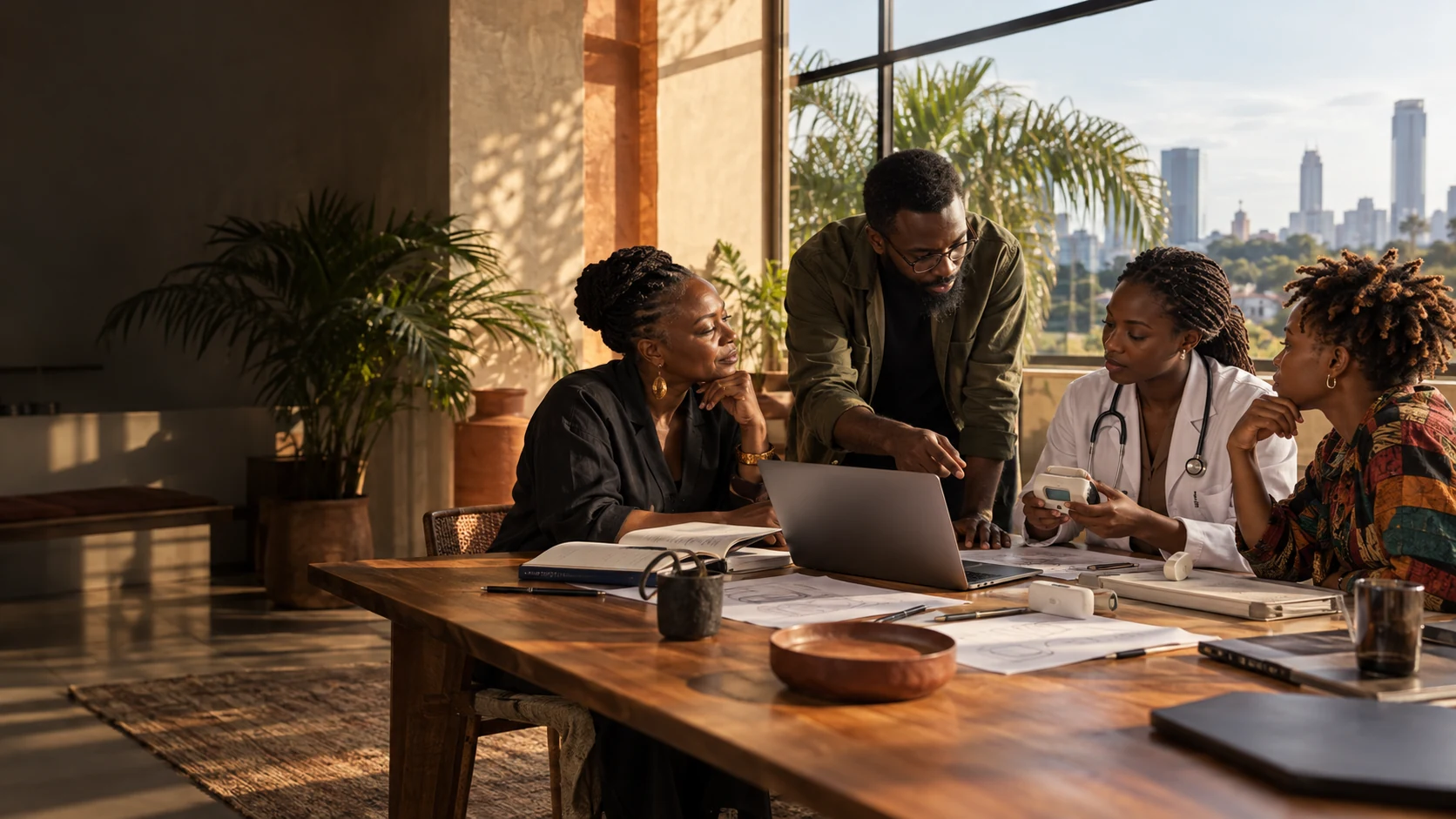 Editorial concept of African professionals collaborating in a sunlit strategy and prototyping workshop