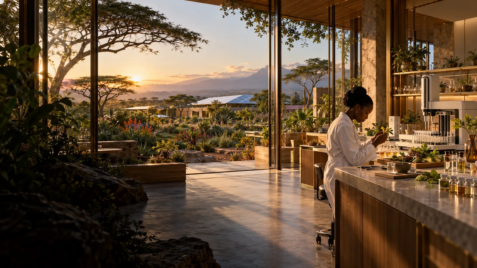 AI-generated concept of a proposed botanical research lab overlooking a solar-supported campus