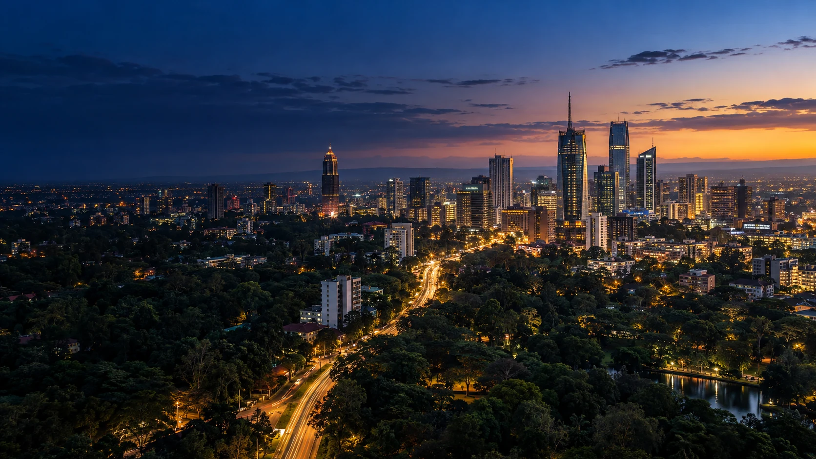 Editorial concept of the Nairobi skyline and tree canopy at dusk